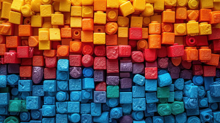 Multicolored plastic building blocks as background, closeup of photoの素材