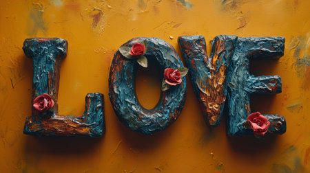 love word made from wood with rose petals on orange background.の素材