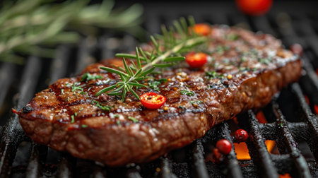 Grilled steak with rosemary and tomatoes on barbecue grill, closeupの素材