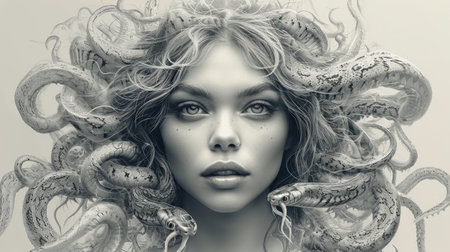 Portrait of a beautiful girl with a snake in her hair.の素材