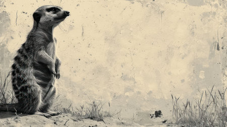 a black and white photo of a meerkat standing on its hind legs in front of a concrete wall. .の素材