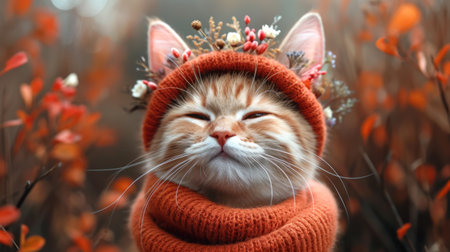 Cute ginger cat in winter hat and scarf on the background of autumn forest.の素材