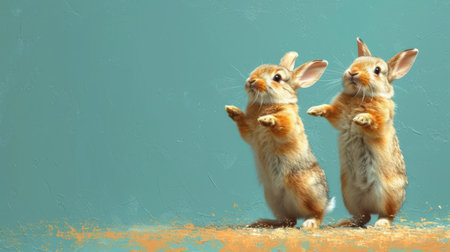 a couple of rabbits standing next to each other on top of a grass covered field in front of a blue wall. .の素材