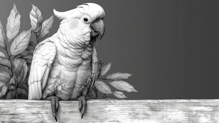 White parrot sitting on a wooden fence with leaves on a gray backgroundの素材