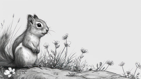 Squirrel in the meadow. Illustration in black and white.の素材