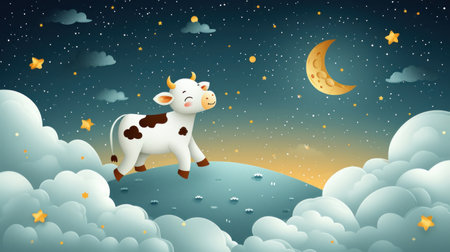Cute cartoon cow in the moonlight. Vector illustration for your designの素材