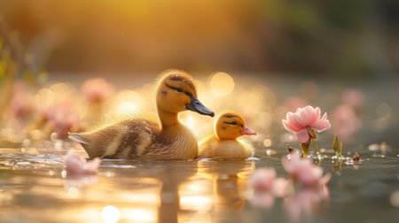 ducklings swimming in the lake with beautiful bokeh backgroundの素材