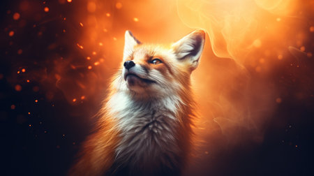 Portrait of a red fox on a dark background with sparks.の素材