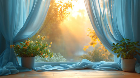 Flowers in a pot on the windowsill at sunset. 3d renderの素材