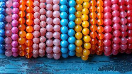 Colorful beads on a blue wooden background. Selective focus.の素材