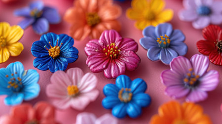 Colorful paper flowers on pink background, closeup. Space for textの素材