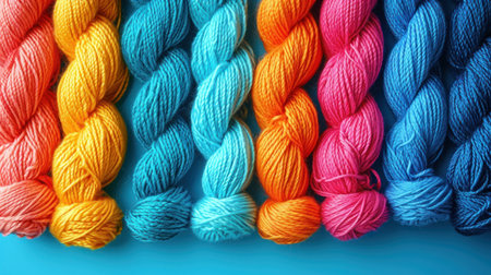 Multicolored skeins of thread on blue background, top viewの素材