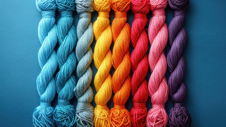 Colorful skeins of thread on a blue background. View from above.の素材