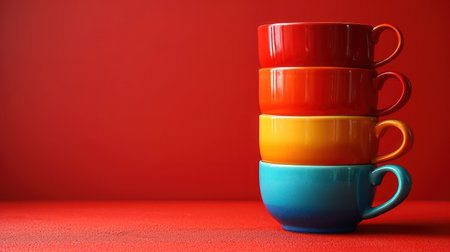 Colorful cups on red background. Copy space for your text.の素材