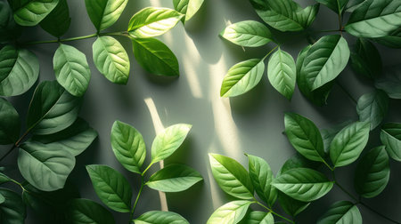 3d rendering of green leaves background with sunlight in the morning.の素材