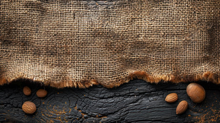 Almond nuts on burlap background. Top view with copy spaceの素材