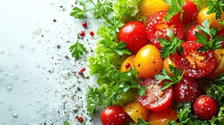 Salad with cherry tomatoes and parsley on white table, closeupの素材