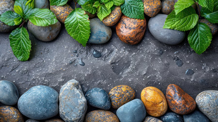 Background of pebbles and green leaves on the black stone.の素材