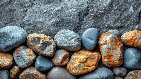 Pebbles on the beach. Colorful stones background. Top view.の素材