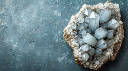 Mineral quartz and crystal stones on stone background. Copy space.の素材