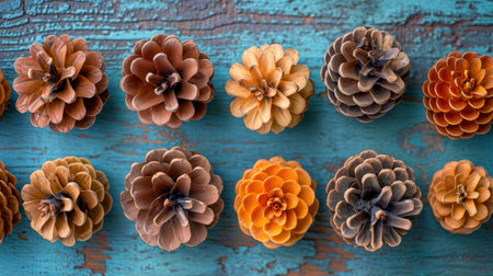 Pine cones on rustic blue wooden background. Top view.の素材