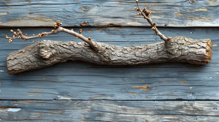 Wooden branch on the background of the old wooden wall. Wooden backgroundの素材