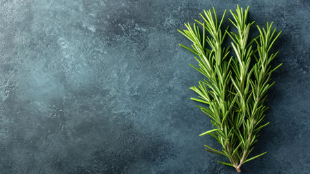 Fresh rosemary twig on blue stone background. Top view with copy spaceの素材