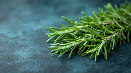 Fresh rosemary twig on dark background. Top view with copy spaceの素材