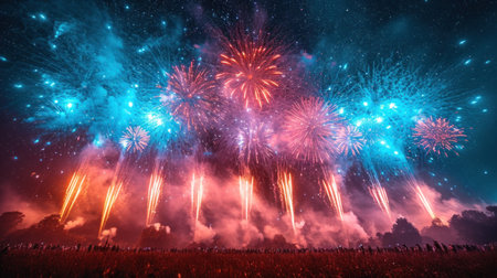 Colorful fireworks of various colors over night sky background with silhouettes of peopleの素材