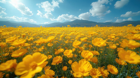 Field of yellow flowers on a background of blue sky with clouds.の素材