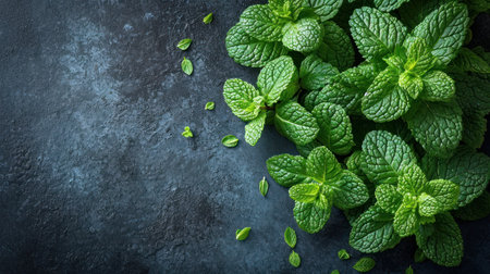 Fresh mint leaves on dark background. Top view with copy space.の素材