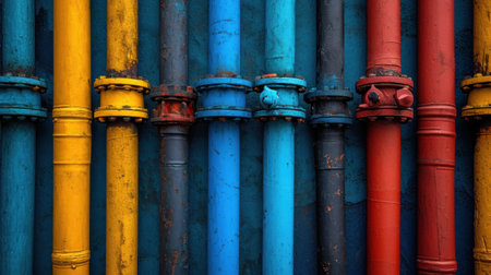 Colorful pipes in a row on a background of blue and yellow wallの素材