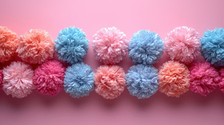 Colorful fabric flowers on a pink background with copy space. Close up.の素材