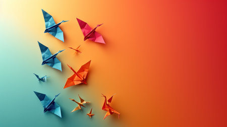 Colorful origami cranes on color background. Concept of leadership and successの素材