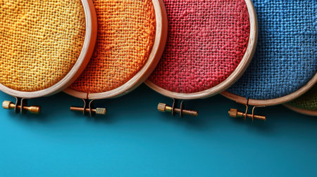 Wooden spools of thread on color background, closeup. Space for textの素材