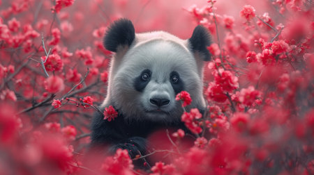 A giant panda bear in a bamboo forest with blooming red flowersの素材