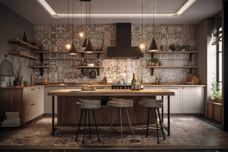 modern kitchen interior design. 3d render illustration mock up design.の素材