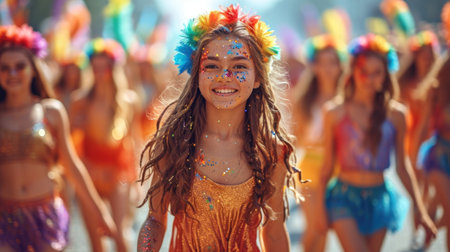 Group of happy young people having fun on the beach during Holi color festivalの素材