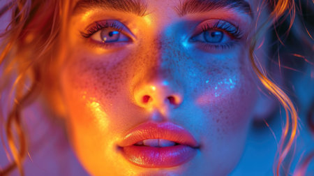 Close-up portrait of a beautiful girl with freckles.の素材