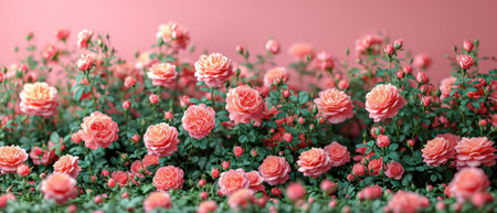 Beautiful pink roses in a flower pot on a pink background.の素材