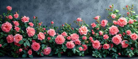 Beautiful pink roses blooming in the garden on concrete wall backgroundの素材