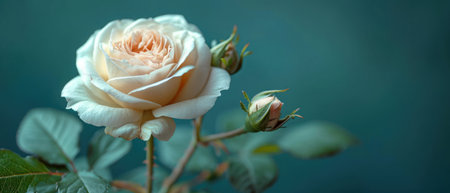 Beautiful white rose on a blue background. Close-up.の素材