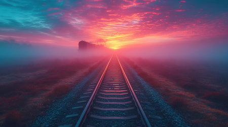 Railway in the fog at sunrise, 3d render illustration.の素材