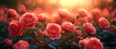 Beautiful red rose flowers in the garden at sunrise time. Nature background.の素材
