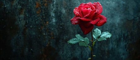 Red rose with water drops on a dark rustic background. Copy space.の素材