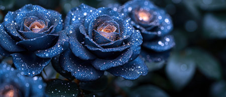Beautiful dark blue rose with dew drops on the petals.の素材