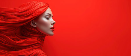 Portrait of a beautiful woman with red hair on a red backgroundの素材