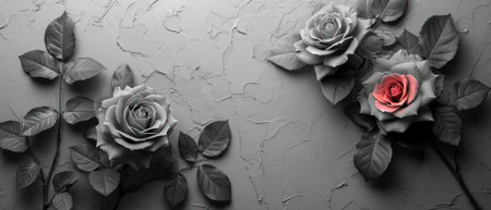 top view of black and white roses on grey background with copy spaceの素材