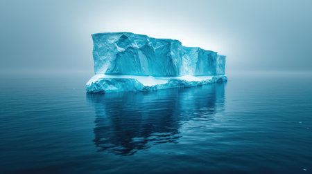 a large iceberg floating on top of a body of water in the middle of a foggy sky above a body of water with a large iceberg in the middle of water. .の素材
