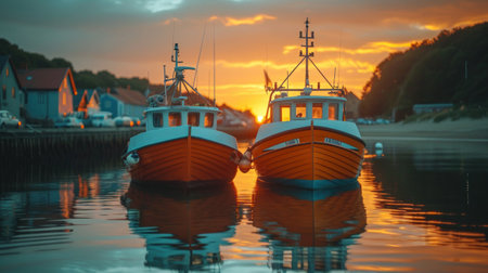 Fishing boats at sunset in the harbor of Bergen, Norwayの素材